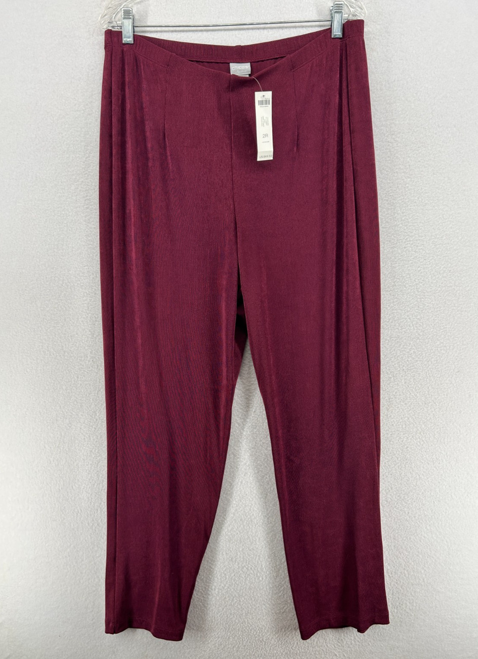CHICOS Pants 2R 12 14 Travelers No Tummy Lounge Straight Pull On Maroon NEW